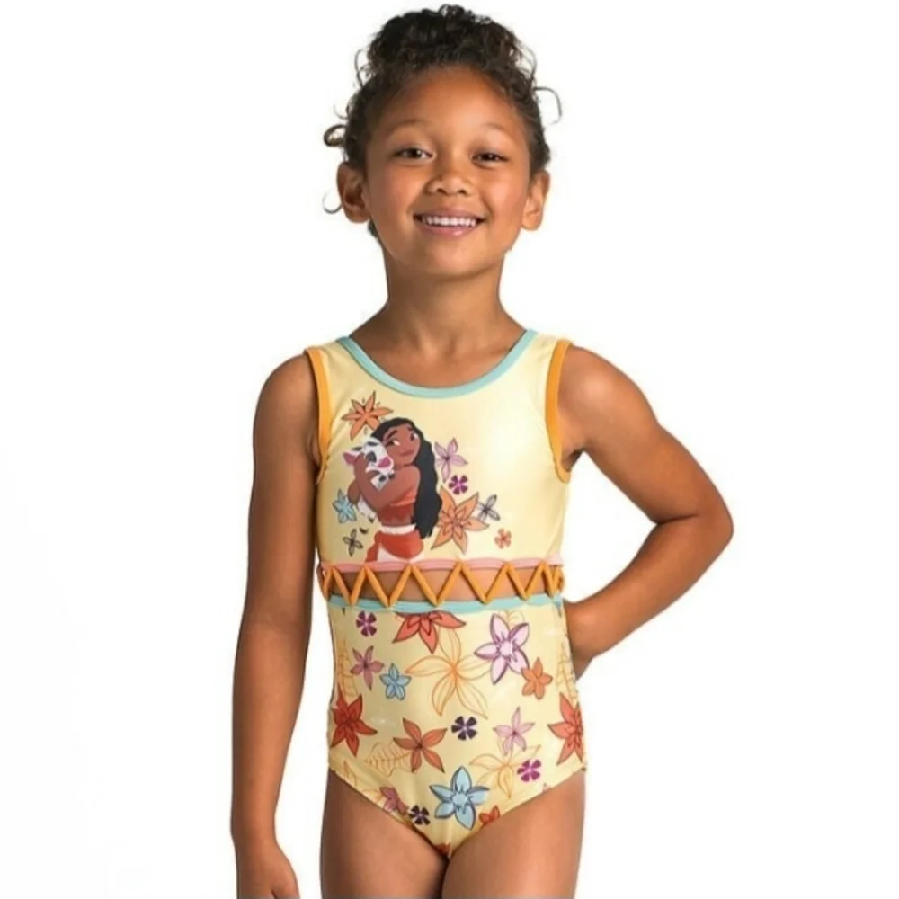 Disney Moana Swimsuit Girls 3T One Piece Yellow Floral Pua Graphic - Picture 3 of 9